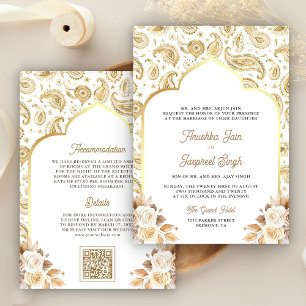 Convite Casamento Indiano Código QR Floral Paisley Dourado