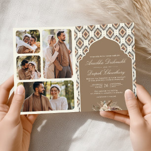 Convite Casamento Indiano Colagem de Fotos Ikat Bege Marfi