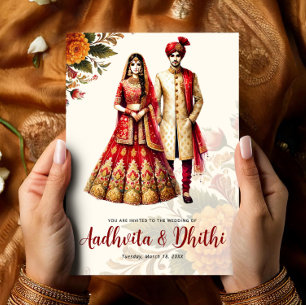 Convite Casamento Indiano com Noiva e Noivo Tradicionais