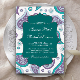 Convite Casamento Indiano com Padrão Paisley em Verde Água