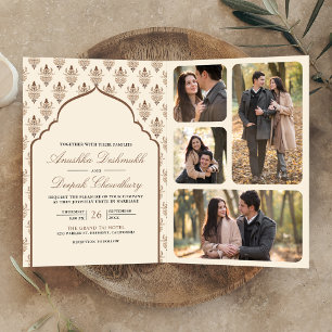 Convite Casamento Indiano Cream Brown Ikat Tudo em Um