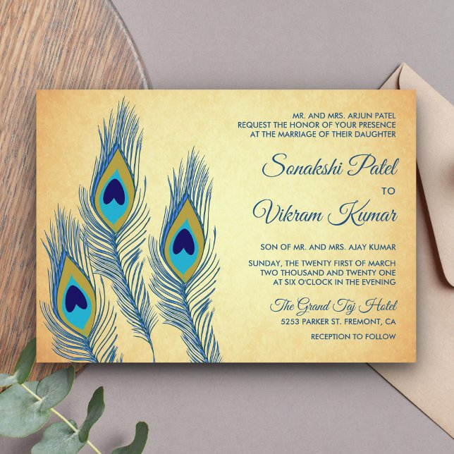 Convite Casamento Indiano de Penas de Pavão Azul Vintage (Criador carregado)