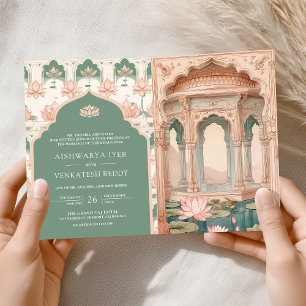 Convite Casamento Indiano do Lago de Lótus Rosa Bege Paste