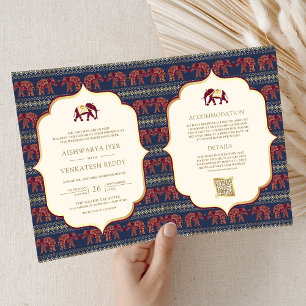 Convite Casamento Indiano Elefante Azul Marinho Burgundy D