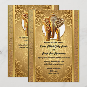 Convite Casamento indiano elefantes pretos dourados damasc
