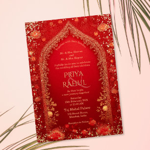 Convite Casamento Indiano Elegante Floral Vermelho Dourado