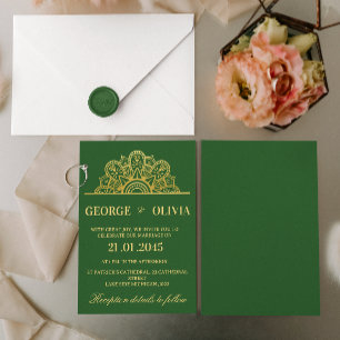 Convite Casamento Indiano Elegante Mandala Verde Escuro e