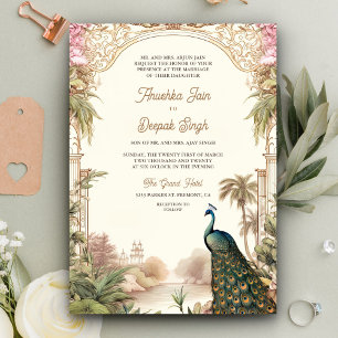 Convite Casamento Indiano Elegante Pavão Vintage Jardim