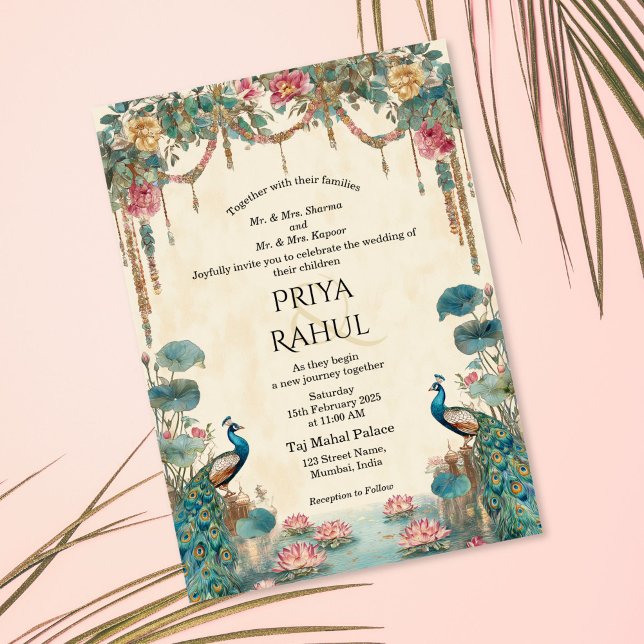 Convite Casamento Indiano Elegante Vintage Floral Pavão (indian wedding invitation with peacocks and lotus flowers)