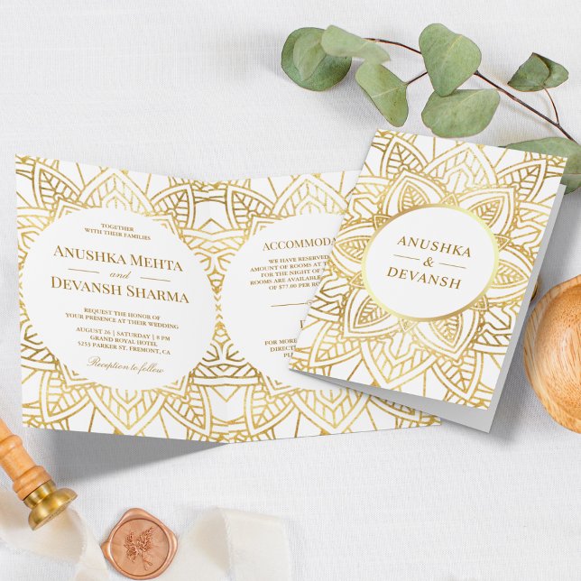 Convite Casamento Indiano Étnico Mandala Branco e Dourado (Criador carregado)