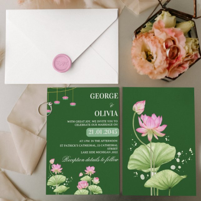 Convite Casamento Indiano Flor de Lótus Verde Profundo (Criador carregado)