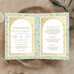 Convite Casamento Indiano Floral Verde Salvia em Ouro Todo
