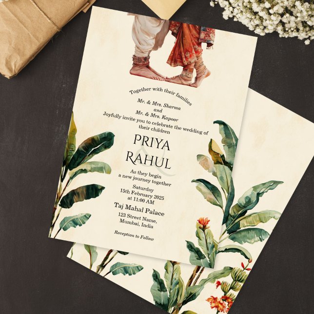 Convite Casamento Indiano Floral Vintage Elegante Hindu (Elegant Vintage Floral Indian Hindu Wedding Invitation ()