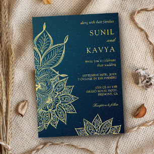 Convite Casamento Indiano Henna Galáxia Azul Dourado Moder