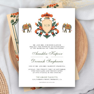 Convite Casamento Indiano Hindu com Brasão Real Vintage