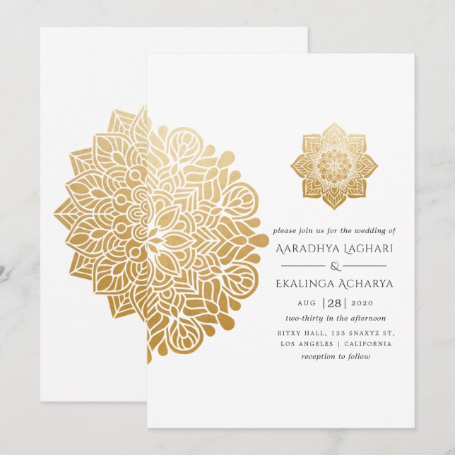 Convite Casamento Indiano Mandala Dourada (Frente/Verso)