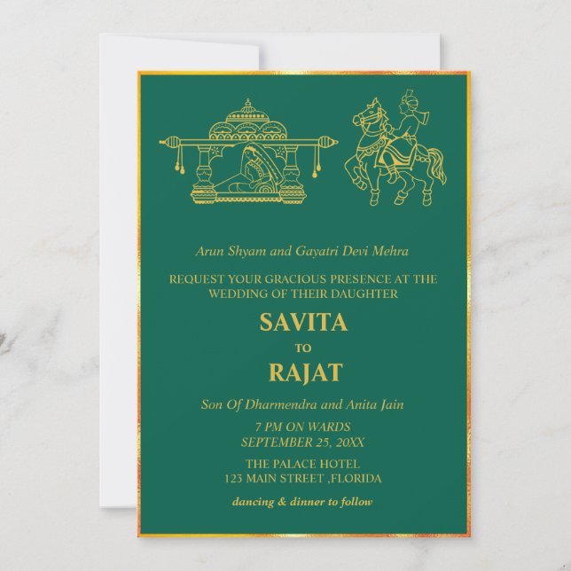 Convite Casamento Indiano Moderno Verde Esmeralda  (Frente)