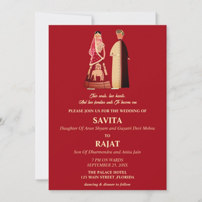 Convite Casamento Indiano Moderno Vermelho e Dourado  (Frente)