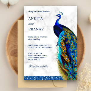 Convite Casamento Indiano Pavão com Brilho Azul Chic Moder