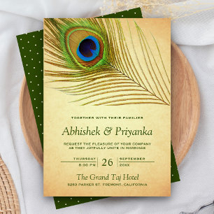 Convite Casamento Indiano Pena de Pavão Verde Vintage