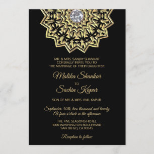 Convite Casamento indiano preto Dourado da mandala