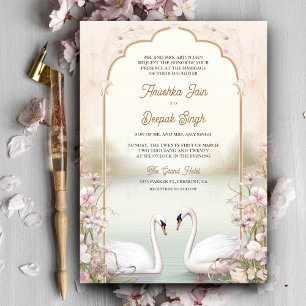 Convite Casamento Indiano Romântico Floral Pastel Cisnes