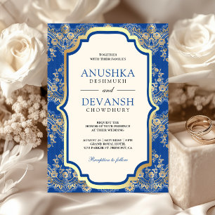 Convite Casamento Indiano Royal Blue Gold Lace