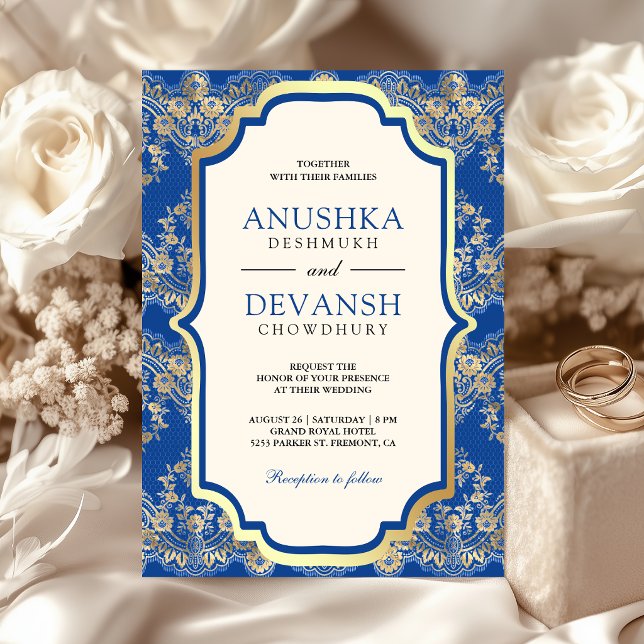Convite Casamento Indiano Royal Blue Gold Lace (Criador carregado)