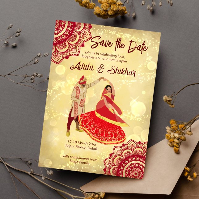 Convite casamento indiano salvar a data grená e dourado (Indian wedding save the date maroon and gold dancing Indian bridal couple mandalas template invite)