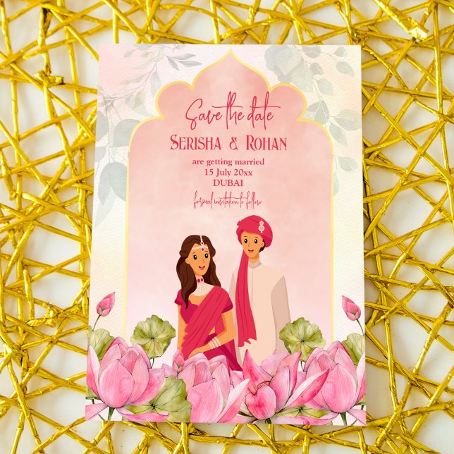 Convite Casamento indiano salve a data do casal de lótus b (Criador carregado)