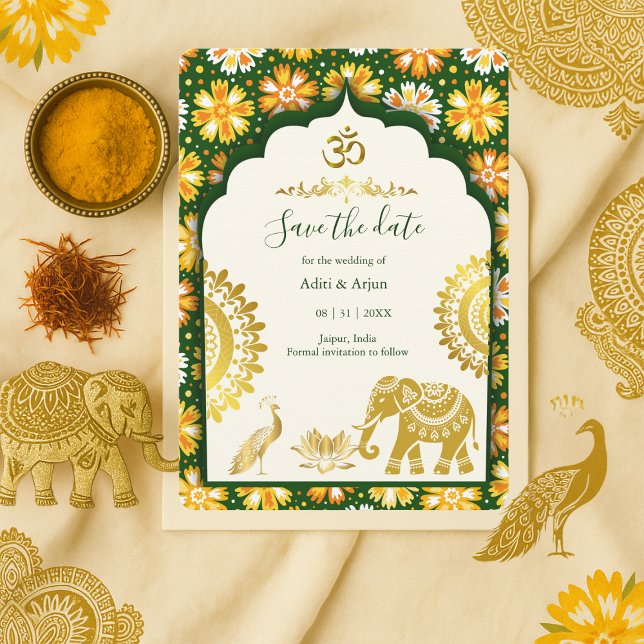 Convite Casamento Indiano Salve a Data – Esmeralda Marfim  (Criador carregado)