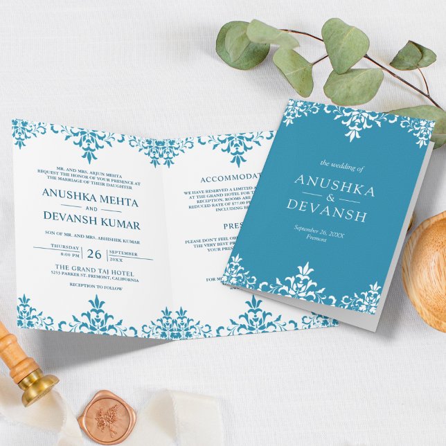 Convite Casamento Indiano Tradicional Azul Elegante (Criador carregado)