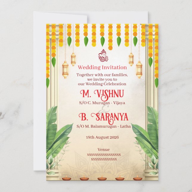 Convite Casamento Indiano Tradicional com Marigold e Folha (Frente)