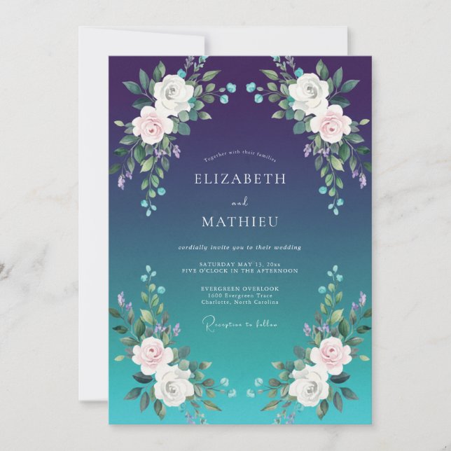 Convite Casamento Indigo Ciano Ranunculus Eucalipto (Frente)