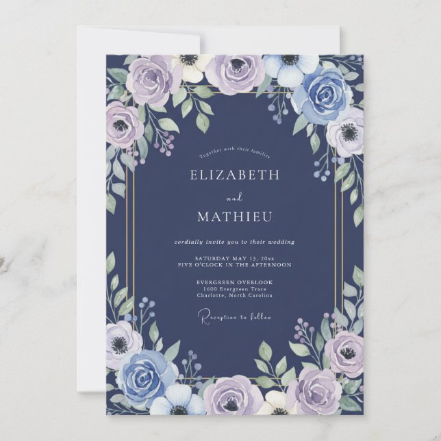 Convite Casamento Indigo Lilac Ranunculus Sage (Frente)