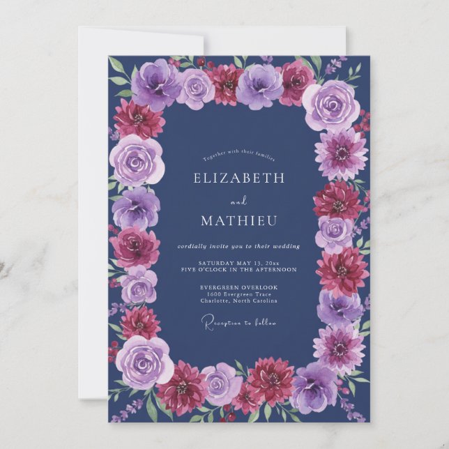 Convite Casamento Indigo Magenta Ranunculus Eucalipto (Frente)