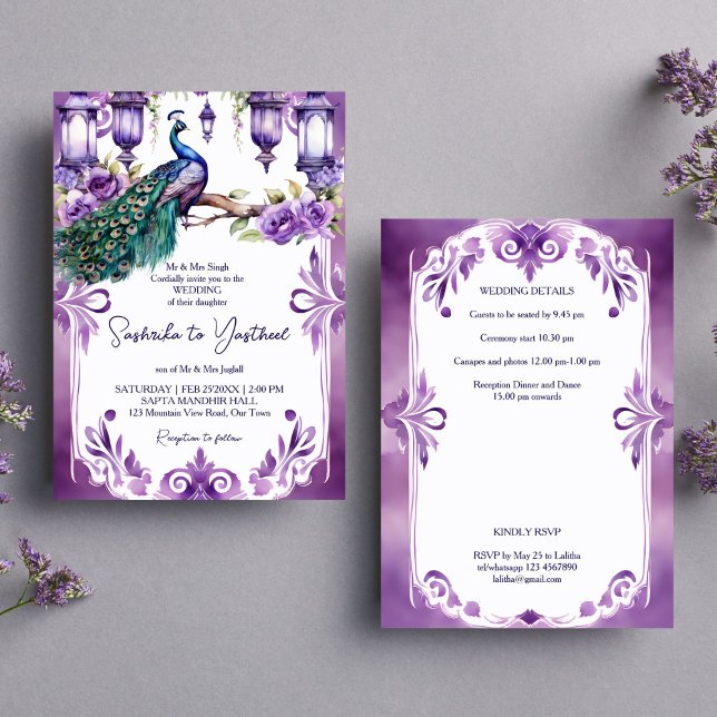 Convite Casamento índio com jardim de colheita de pavão (Purple peacock vintage garden Indian wedding all in one editable template Invitation digital downloa)