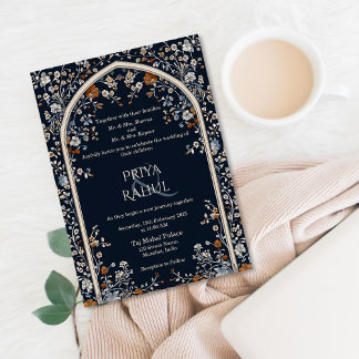 Convite Casamento Índio de Arca Floral Marinho Elegante Vi