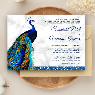 Convite Casamento Índio de Peacock com Azul-Glitter Elega