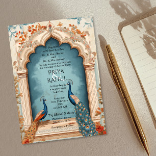 Convite Casamento Índio de Peacocks Dourados Azuis Elegant