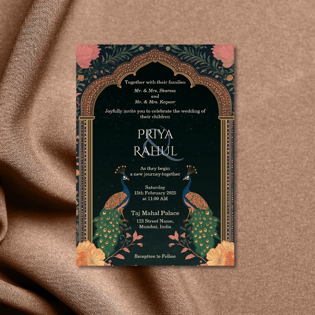 Convite Casamento Índio de Peacocks Florais Elegante Vinta (indian wedding invitation with two peacocks)