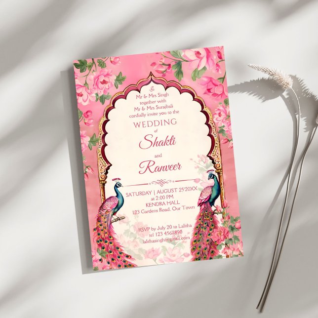 Convite Casamento índio de pinheiros cor-de-rosa (Vintage pink peacocks arch frame Indian wedding Invitation editable template instant download)