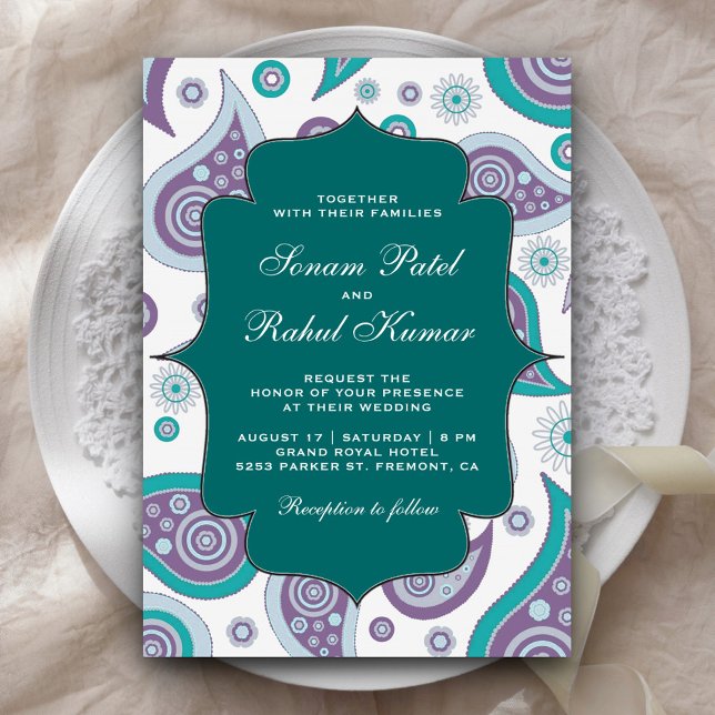 Convite Casamento índio de Teal e Mauve Paisley Pattern (Criador carregado)