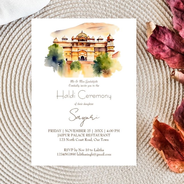 Convite Casamento índio do palácio de Jaipur Haldi (Jaipur palace modern watercolor Indian wedding Haldi editable template invitation digital download )