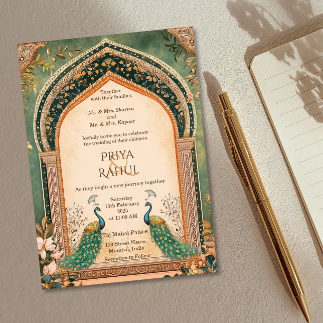 Convite Casamento Índio Dourado de Peacock no Luxury Elega (green and gold indian wedding invitation with peacocks)