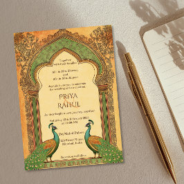 Convite Casamento Índio Dourado de Peacock no Luxury Elega
