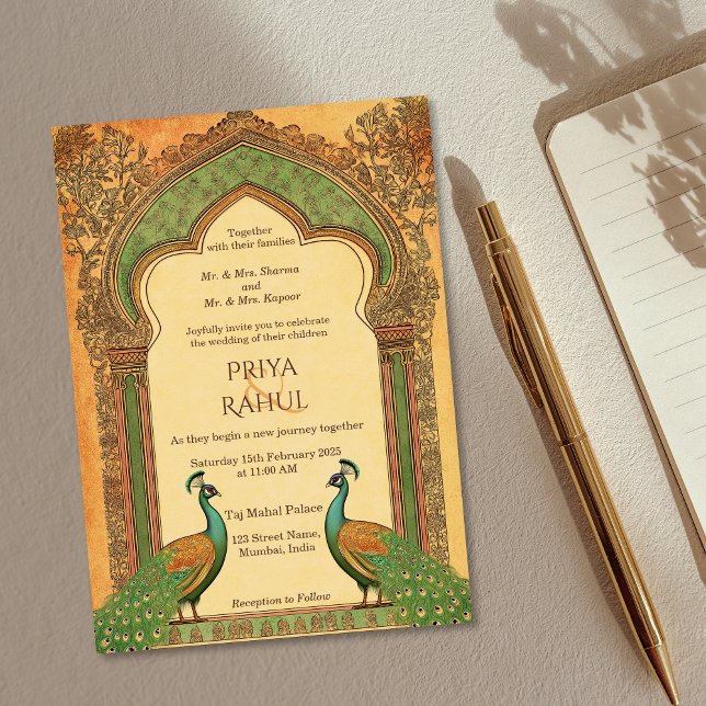 Convite Casamento Índio Dourado de Peacock no Luxury Elega (gold indian wedding invitation with peacocks)