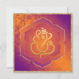 Convite Casamento Índio Dourado Ganesh Roxo Laranja