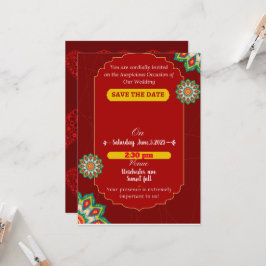 Convite Casamento índio elegante vermelho, salve a data