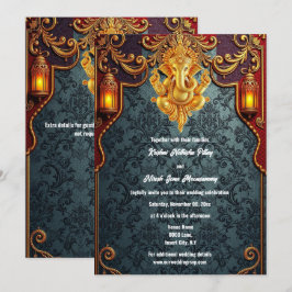 Convite Casamento índio luxuoso de ouro azul de Lord Ganes